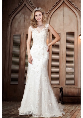 Sexy Lace Column V Neck Wedding Dresses with Brush Train
