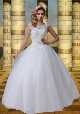 2015 Scoop A Line Cap Sleeves Wedding Dresses with Appliques