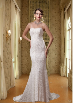 2015 White Strapless Mermaid Lace Wedding Dress with Brush Train