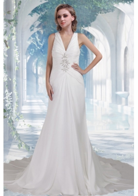 Beach Column V Neck Chapel Train Beading Wedding Dresses