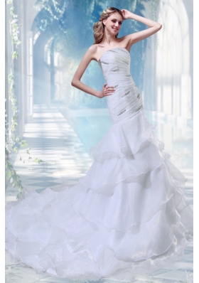 Beautiful Mermaid Strapless Beading Chapel Train Wedding Dress