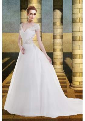 Cap Sleeves A Line V Neck Beading Court Train Wedding Dress for 2014