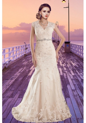 Champagne Mermaid V Neck Lace Beading Cap Sleeves Wedding Dress