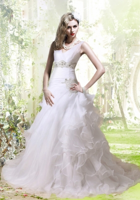 Elegant A Line Beading and Ruffles Wedding Dress with V Neck