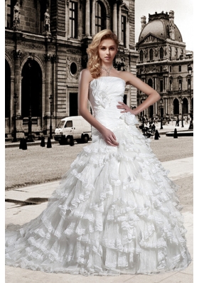 Elegant A Line Strapless Wedding Dress with Hand Made Flowers