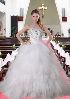 Elegant Brush Train Strapless Ruffles and Ruffles Wedding Dresses