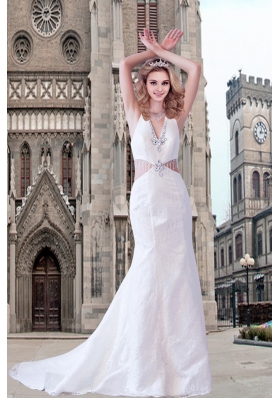 Exquisite Halter A Line Beading Wedding Dress with Watteau Train