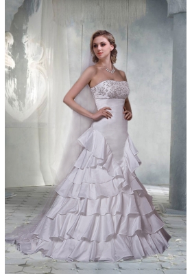 Gorgeous A Line Strapless Brush Train Wedding Dresses with Beading