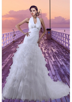Mermaid Halter Beading and Ruffled Layers Court Train Wedding Dresses