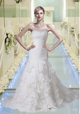 Mermaid Ruching and Ruffles White Wedding Dresses with Court Train