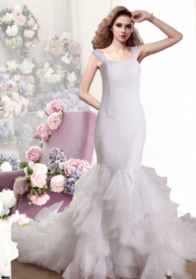 Mermaid Straps Ruffles Wedding Dress with Chapel Train