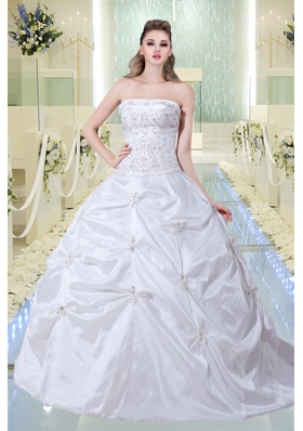 Modest A Line Strapless Court Train Wedding Dress with Embroidery