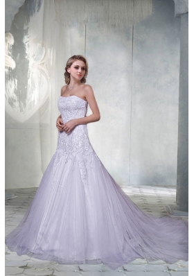 Beautiful A Line Court Train Appliques Wedding Dresses with Strapless