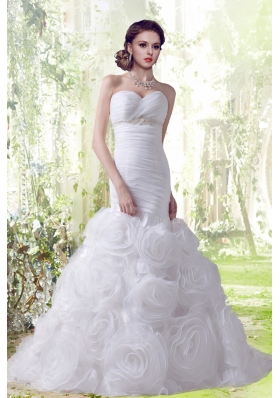 Beautiful Mermaid Beading Sweetheart Wedding Dresses with Hand Made Flowers