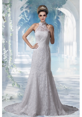 Gorgeous Mermaid Halter Top Lace Court Train Wedding Dress