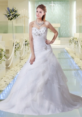 2014 Beautiful A Line Court Train Beading Wedding Dresses with Sweetheart