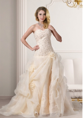 A Line Embroidery Sweetheart Brush Train Wedding Dress in Champagne