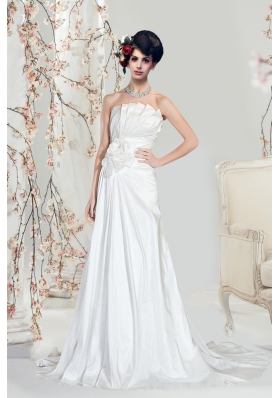 A Line Strapless Hand Made Flower Wedding Dresses with Court Train