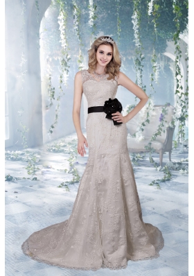 Beautiful Column Court Train Lace Wedding Dresses with V Neck