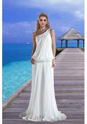 Cheap One Shoulder Pleat Wedding Dress with Court Train