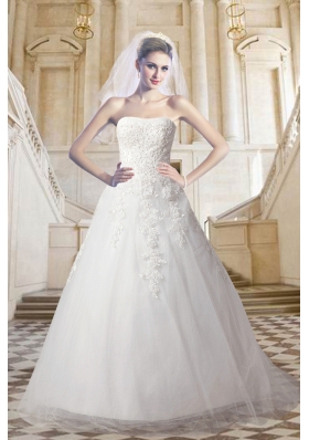 Classical Lace Strapless A Line Court Train Wedding Dress with Appliques