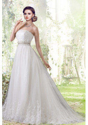 Elegant Lace Strapless Brush Train Wedding Dresses with Beading