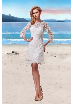 Lace Scoop Short Beach Wedding Dresses in White with 3/4 Sleeves
