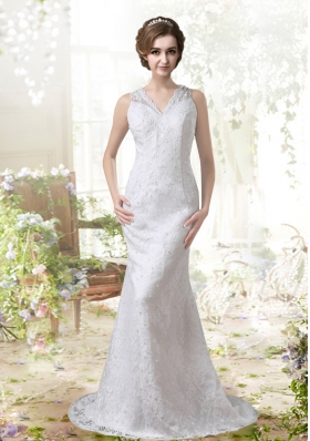 Mermaid V Neck Sweep 2015 Lace Wedding Dress