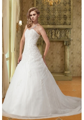 Popular A Line Sweetheart Court Train Wedding Dress with Appliques