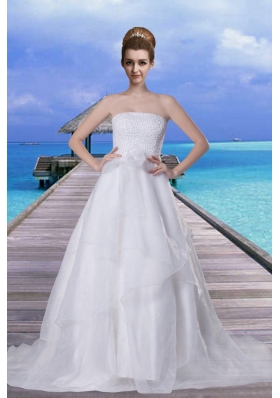 Princess Beading Strapless Brush Train Wedding Dress with Zipper Up