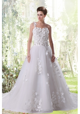 Princess One Shoulder Appliques Wedding Dress with Court Train