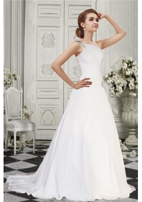 Simple A Line One Shoulder Court Train Wedding Dress  with Beading