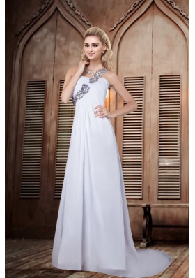 Simple One Shoulder Brush Train Backless Wedding Dress with Appliques