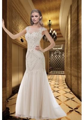 White Scoop Cap Sleeves Beading Wedding Dresses with Brush Train