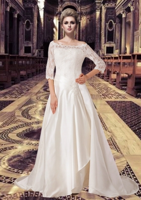 2015 Off Shoulder 3/4 Length Sleeves Lace Wedding Dress