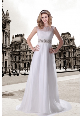 Bateau Empire Beading Wedding Dress with Brush Train