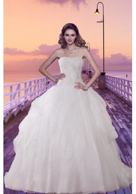 Beautiful Brush Train Ball Gown Wedding Dress with Appliques