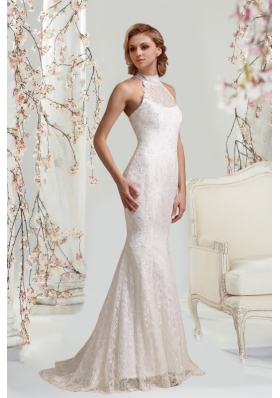 Popular Lace Mermaid Brush Train Wedding Dresses with High Neck