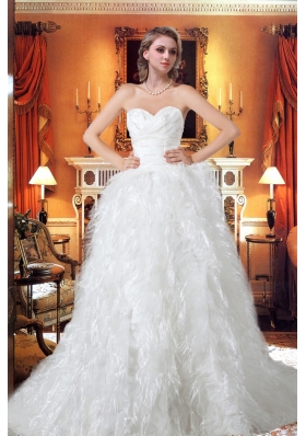 Princess Sweetheart Chapel Train Beading Unique Wedding Dress with Ruffles