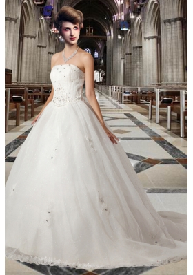 Romantic Princess Strapless Chapel Train Wedding Dress with Beading