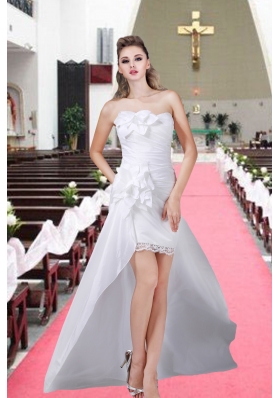 Sweet High Low Strapless Hand Made Flowers Beach Wedding Dress
