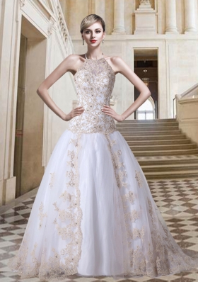 Tulle Ball Gown Halter Court Train Lace Up Appliques Exclusive Wedding Dress