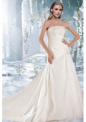 White Princess Strapless Court Train Wedding Dresses with Beading