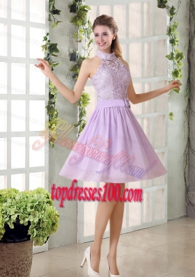 High Neck Lilac A Line Lace Bridesmaid Dress Chiffon for 2015