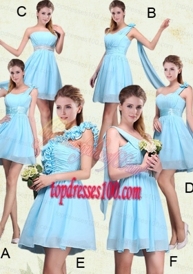 2015 Ruching Chiffon Aqua Blue Bridesmaid Dresses with Mini Length