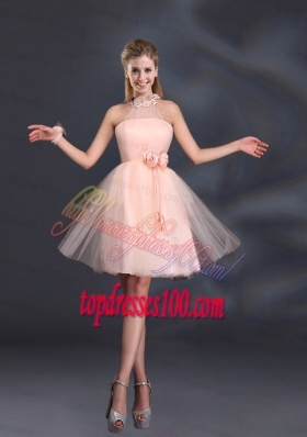 Halter Hand Made Flowers Bridesmaid Dresses with Mini Length