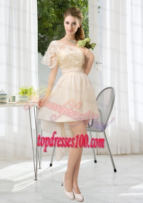 Lace High Low Short Sleeves Bridesmaid Dress with One Shoulder