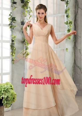 Ruching V Neck Chiffon Bridesmaid Dresses in Champagne