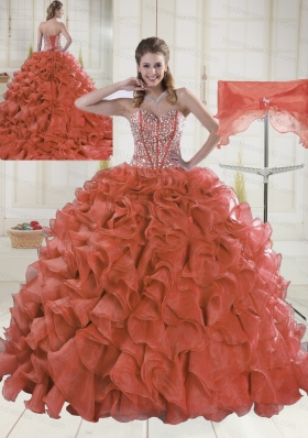 2015 Sweetheart Brush Train Red Quinceanera Dresses