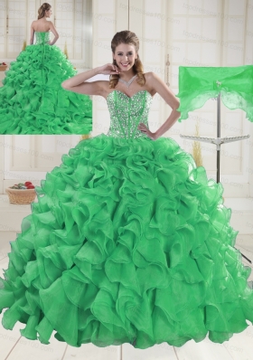 Cheap Sweetheart Brush Train Green Quinceanera Dresses in Sweet 16